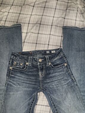 Miss Me Distressed Medium Blue Bootcut Jeans with Embellished Pockets